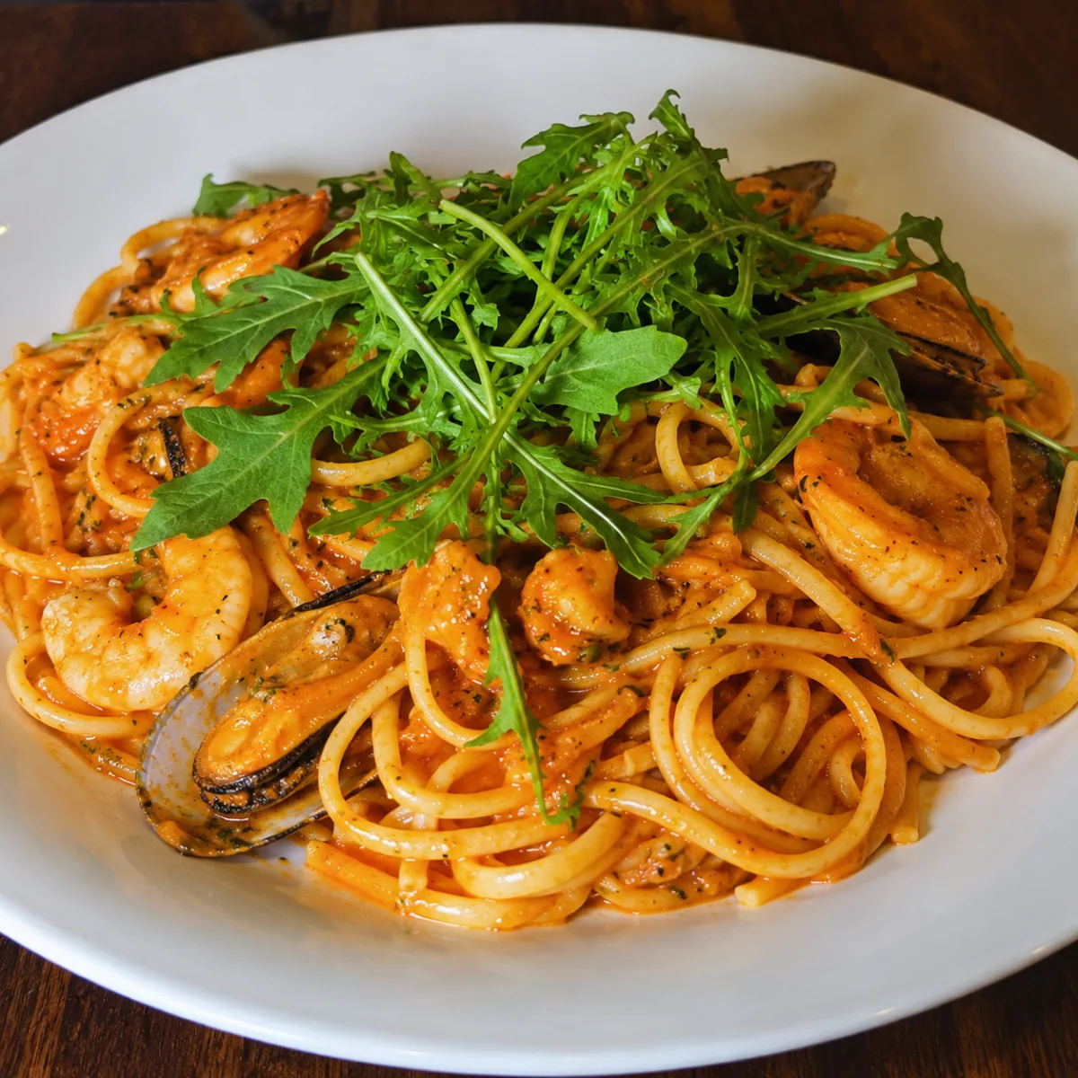 Skaldjurspasta med räkor, musslor och ruccola