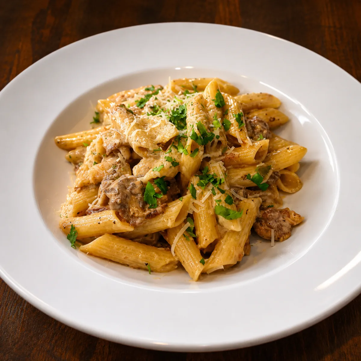 Penne med oxfilé, krämig sås och parmesan