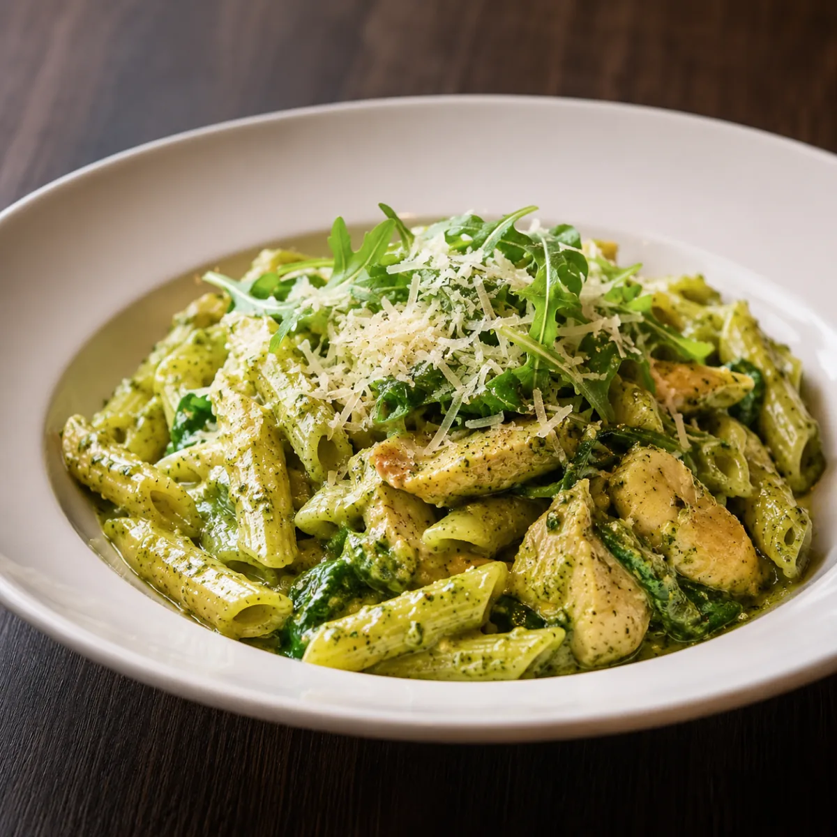 Pasta pesto med kyckling, ruccola och riven parmesan